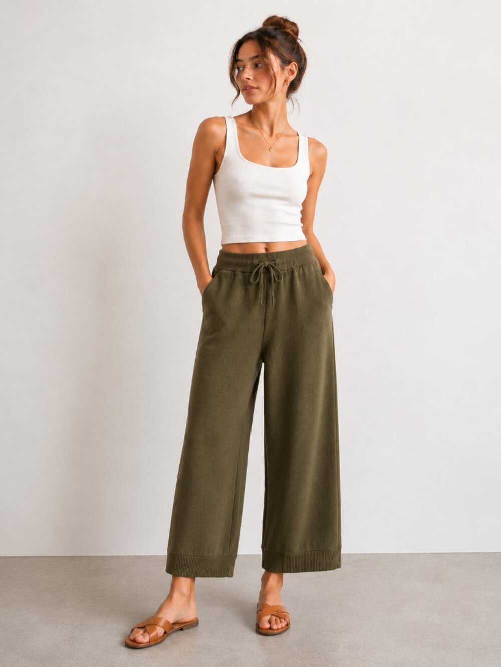 BANANA REPUBLIC Olive Green Knit Wide Leg Cropped Sweater Pants Sz XS EUC - Picture 8 of 8